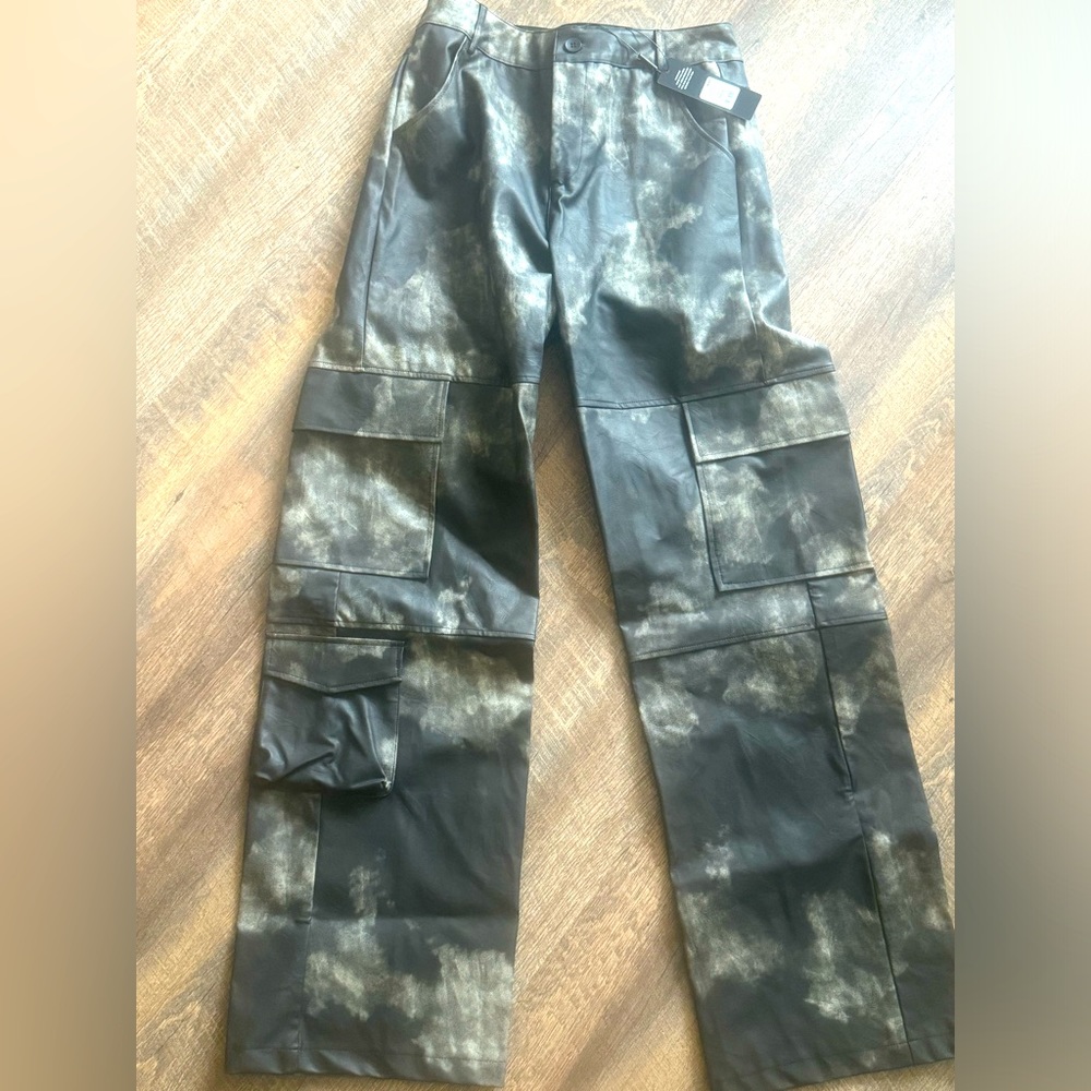 *BRAND NEW w/tags* Acid Washed Vegan Leather Cargo Pants